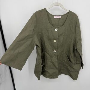 Eva Tralala green linen jacket scoop neck three large buttons patch pockets sz L
